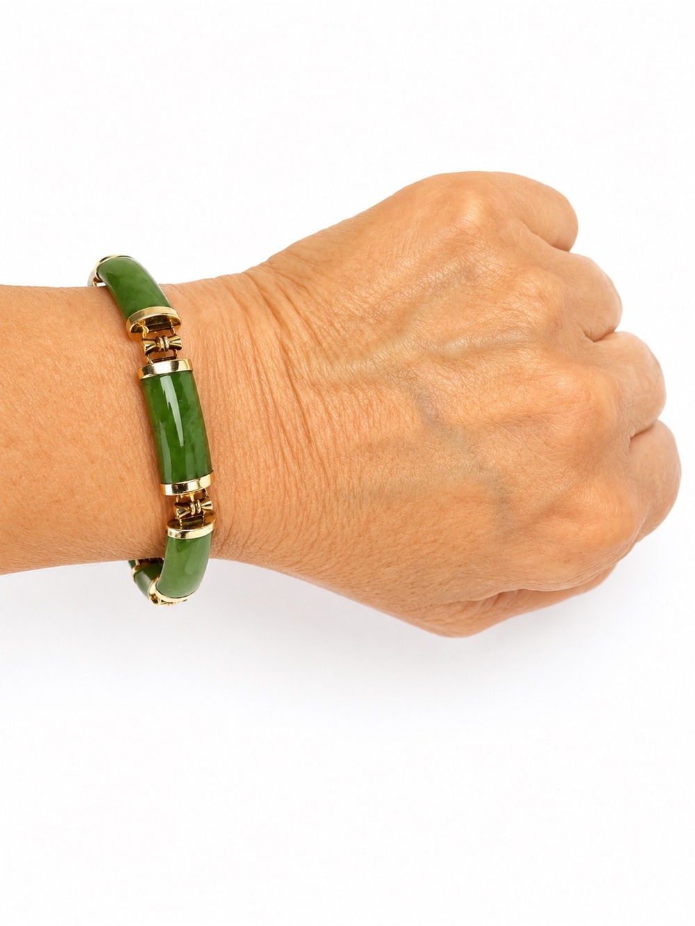 Vintage Chinese‎ Nephrite Jade Link Bracelet Silver Gilt Vermeil Mid Century
